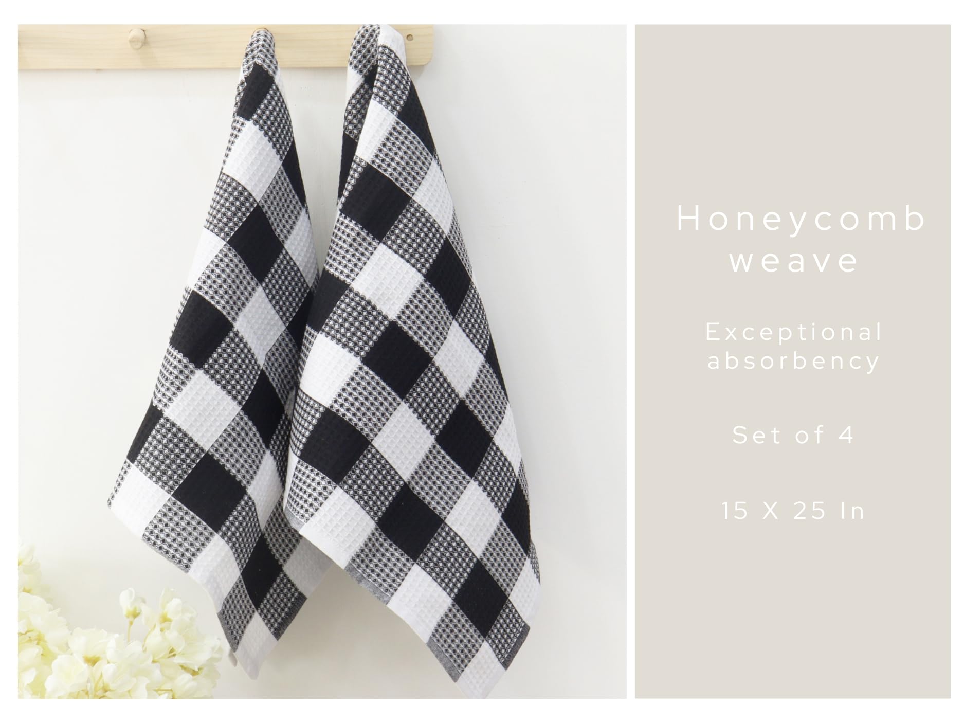PurpleEssences 100% Cotton Waffle Weave Check Plaid Kitchen Towels, Super Soft and Absorbent Dish Towels for Drying Dishes 15 x
