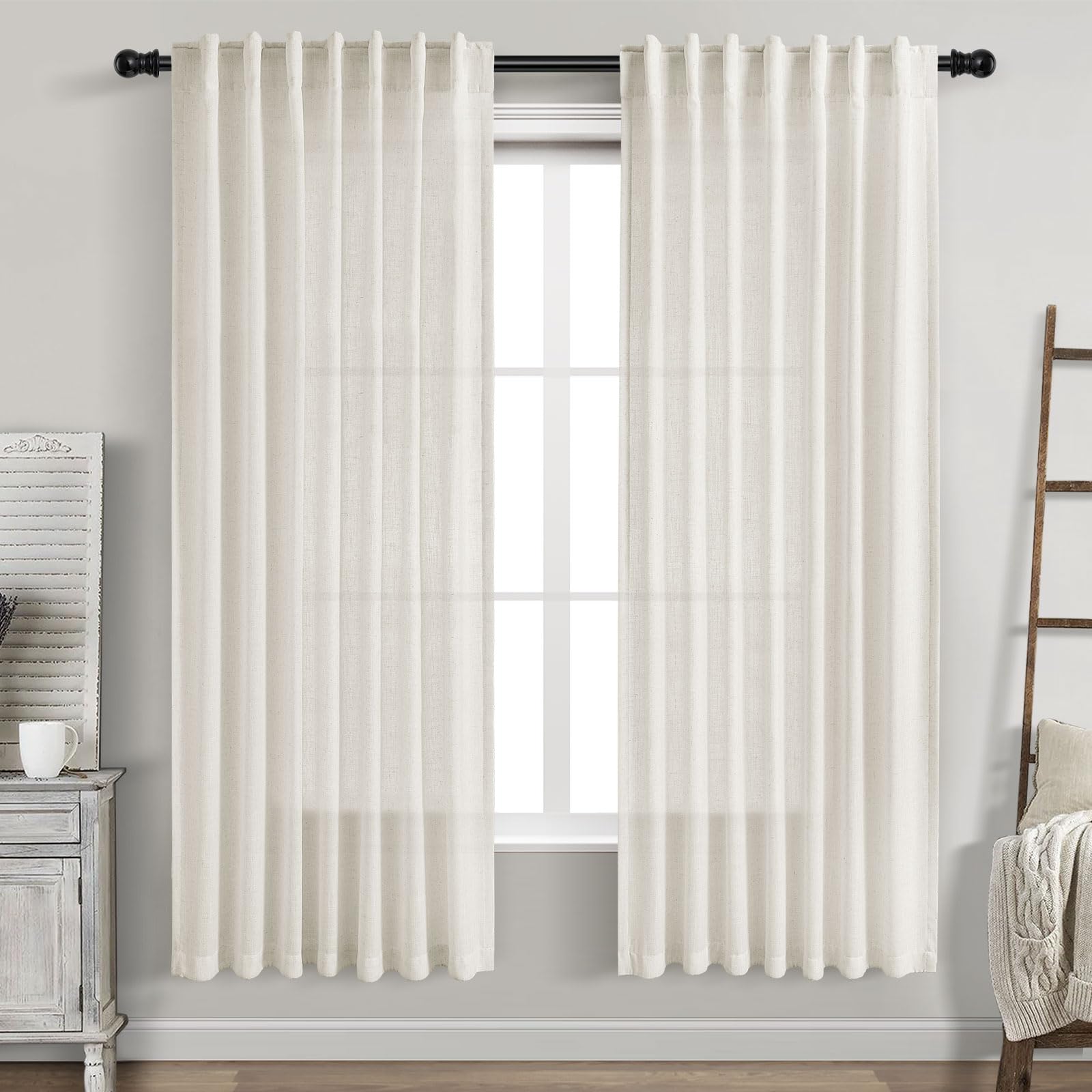 Nanspring Cream Semi Sheer Linen Curtains 69 Inch Length for Living Room Back Tab Rod Pocket Modern Farmhouse Coastal Decor Cott