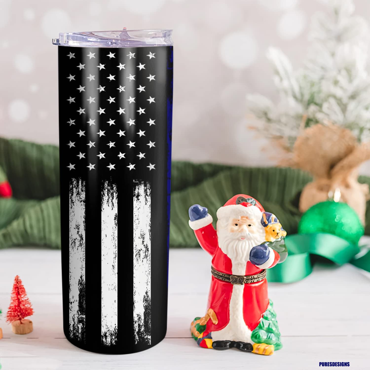 Pure'S Designs Thin Blue Line Police Tumbler-20Oz Travel Mug With Lid For Coffee Cup/Cold Drinks,Graduation,Cops Officer,Law Enf