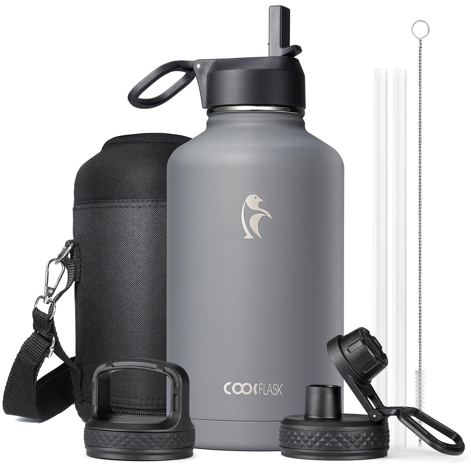 Coolflask 64 Oz Insulated Water Bottle With Straw & 3 Lids, Half Gallon Water Jug Large Metal Stainless Steel Wide Mouth For Spo