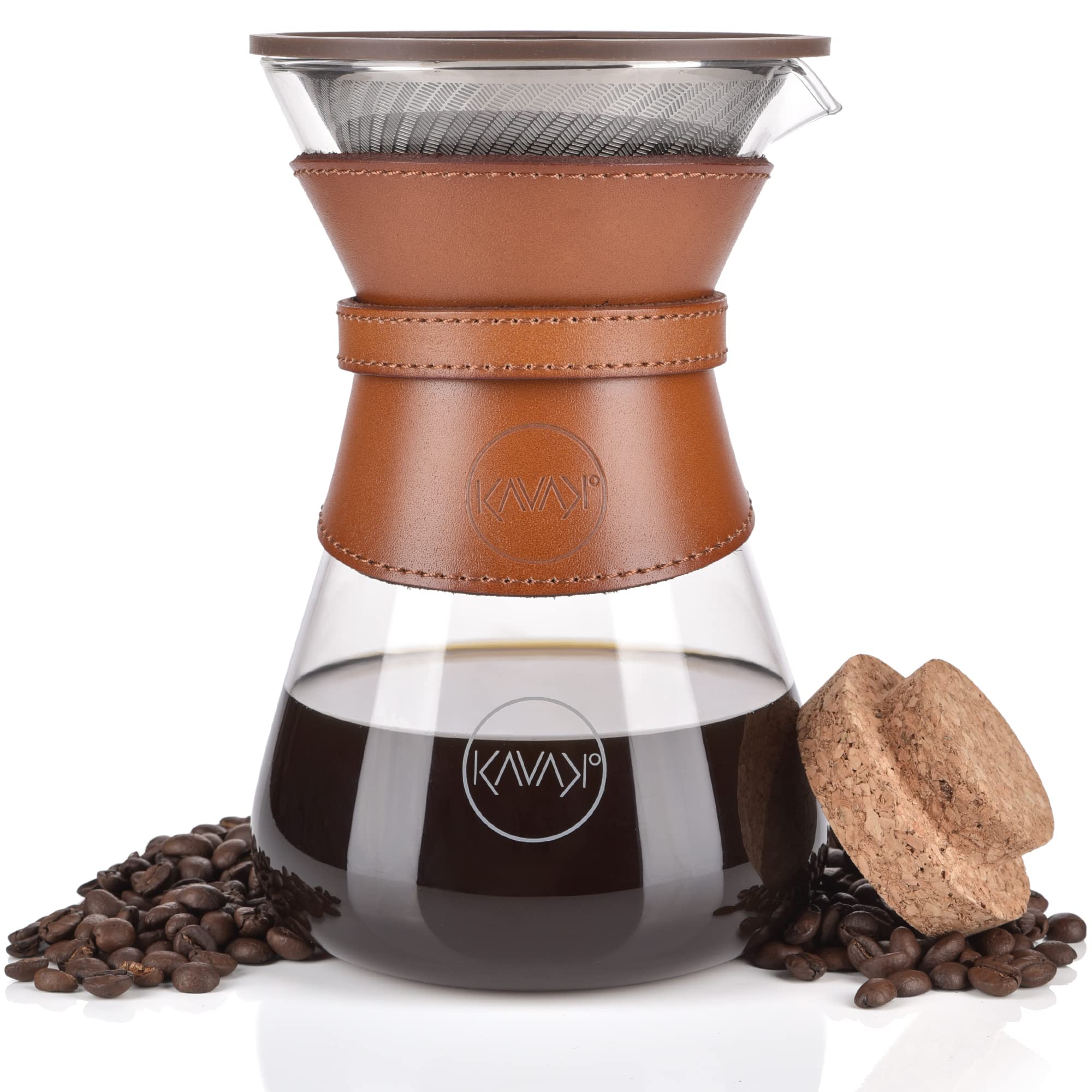 Pour Over Coffee Maker Set With Double-Layer Stainless Steel Filter, Coffee Dripper, Cork Lid And Leather Collar Holder - High H