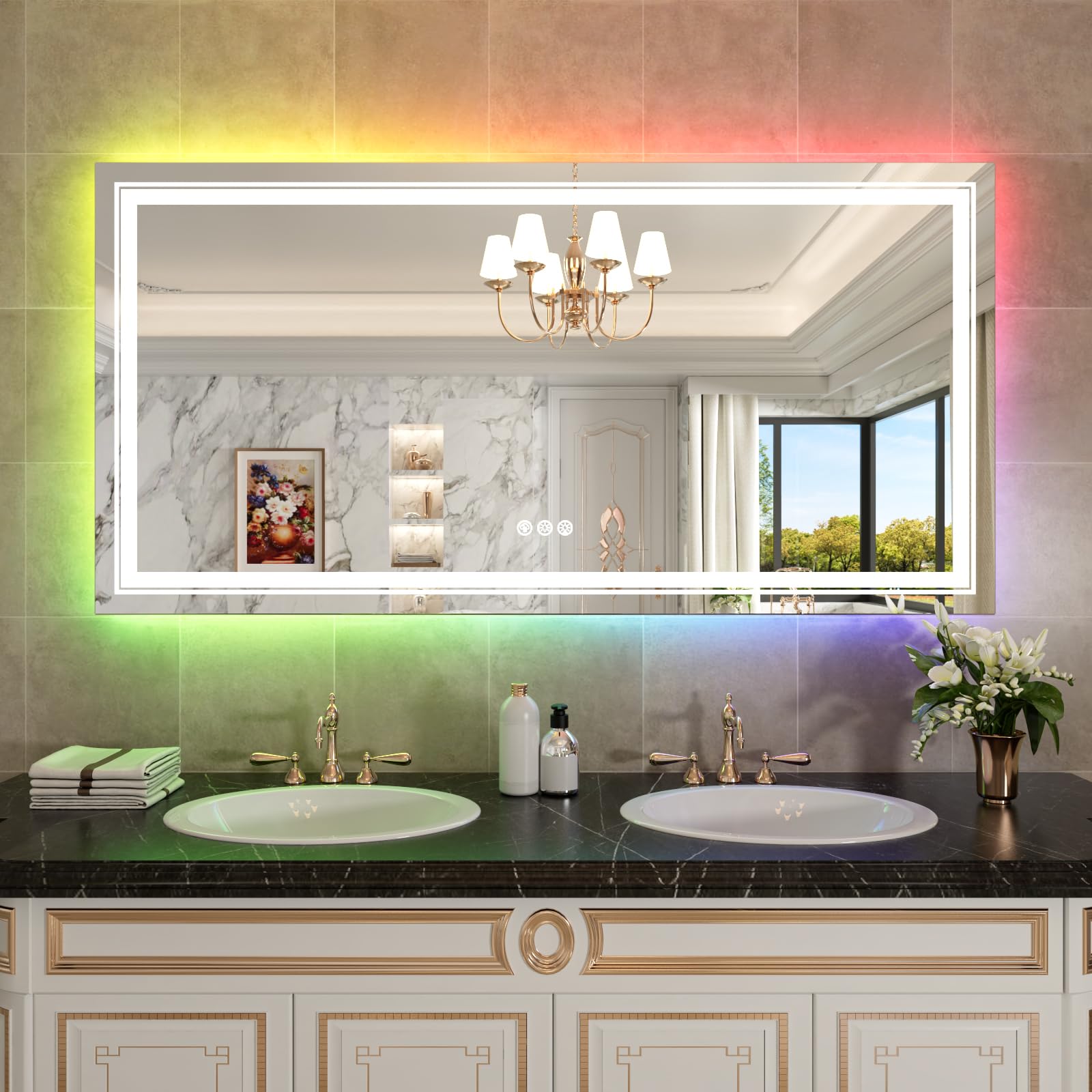 Wtty Rgb Led Mirror For Bathroom,72''X32'' Large Led Bathroom Mirror With Backlit And Front Light,Stepless Dimmable,Anti-Fog,Lig