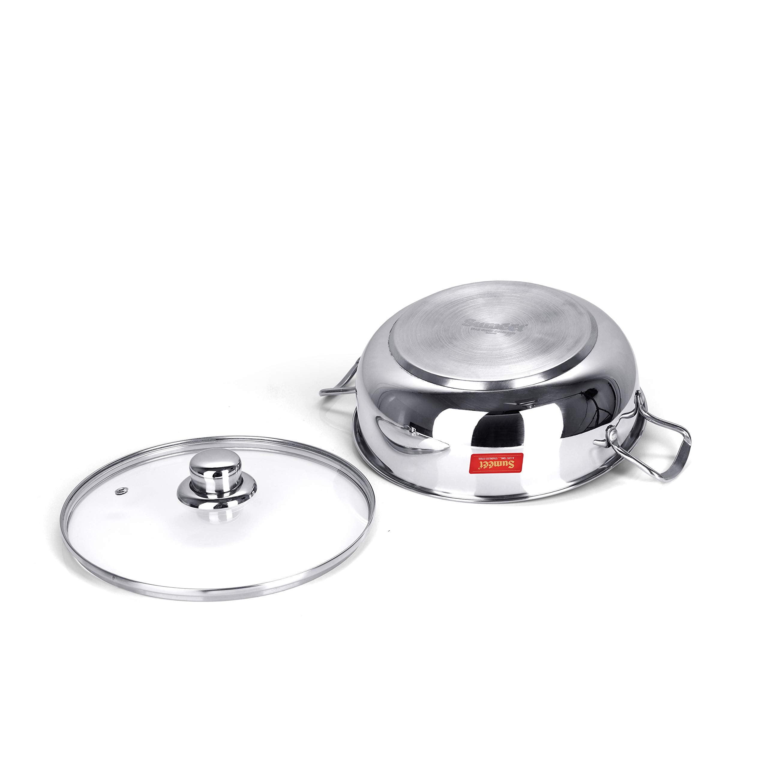 Sumeet Stainless Steel Induction Bottom (Encapsulated Bottom) Induction & Gas Stove Friendly Kadhai With Glass Lid Size No.15 (3