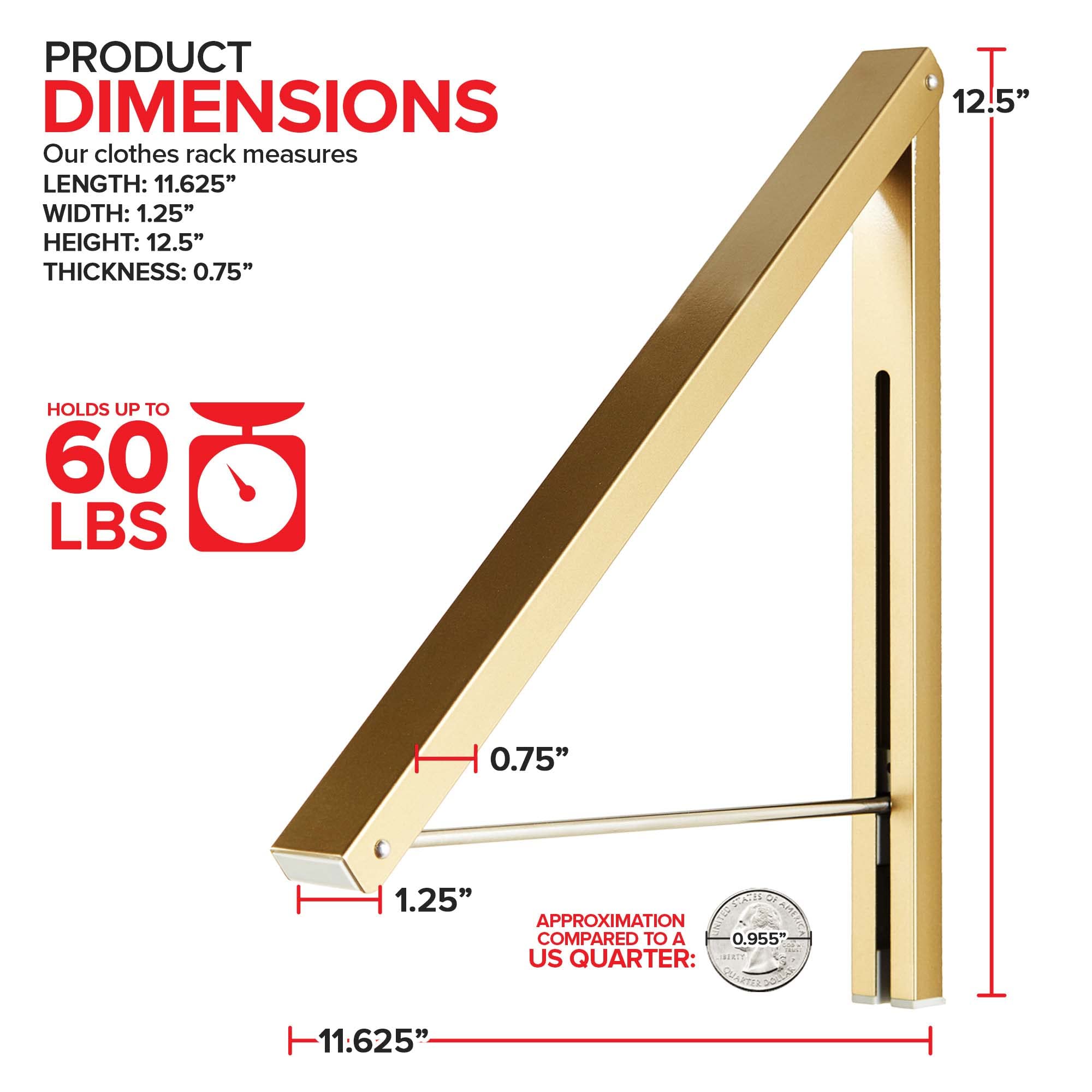 Single Foldable Clothing Rack  Wall-Mounted Retractable Clothes Hanger for Laundry Dryer Room  Hanging Drying Rod  Small Collapsible Folding Garment Racks  Dorm Accessories (Gold)