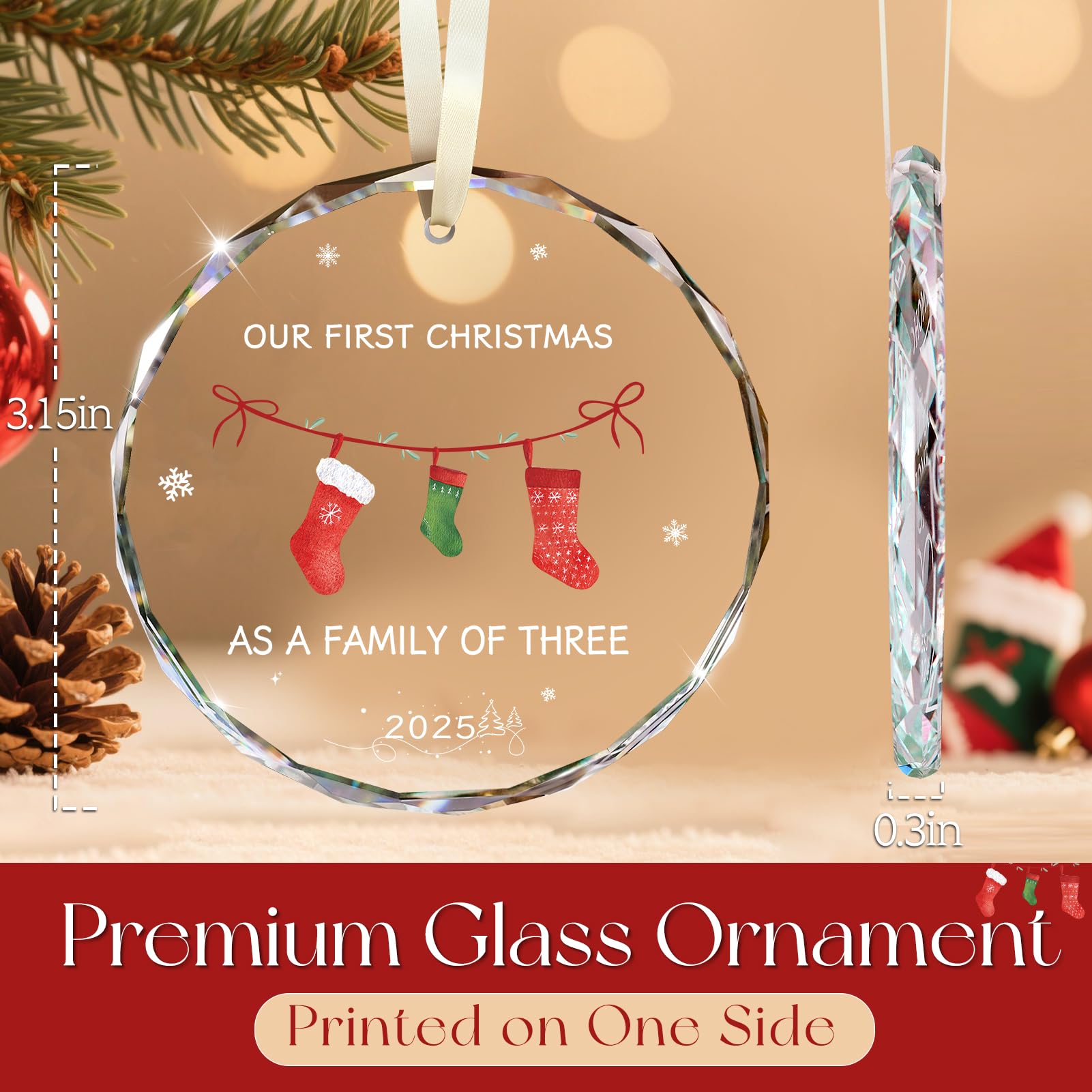 Family Christmas Ornaments 2025, Our First Christmas as A Family of Three Glass Ornament New Mom and Dad Gifts First Time 2025 K
