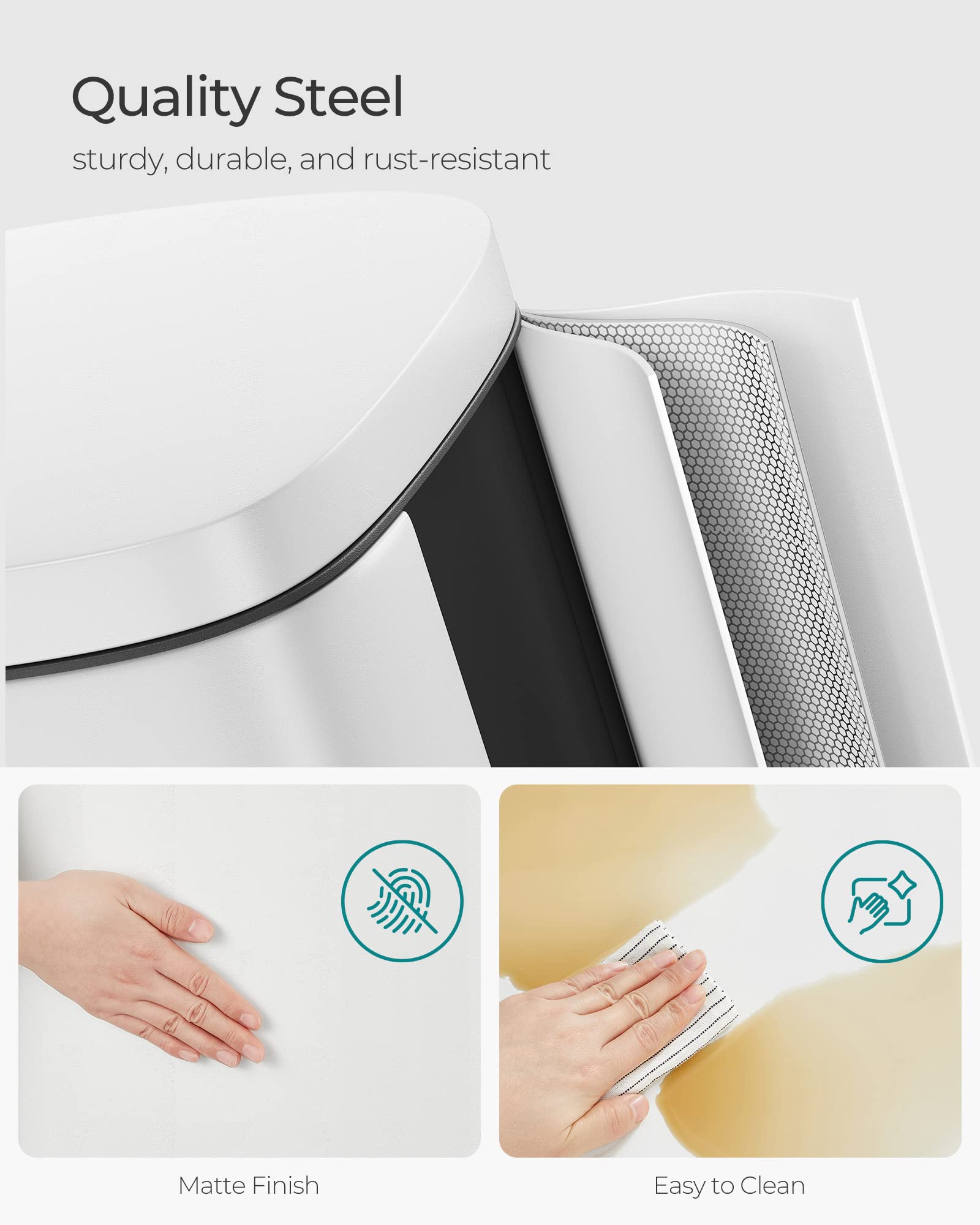 Songmics 8-Gallon Trash Can, Stainless Steel, With Hinged Lid, Plastic Inner Bucket, Soft Closure, Odor Proof, Hygienic, White