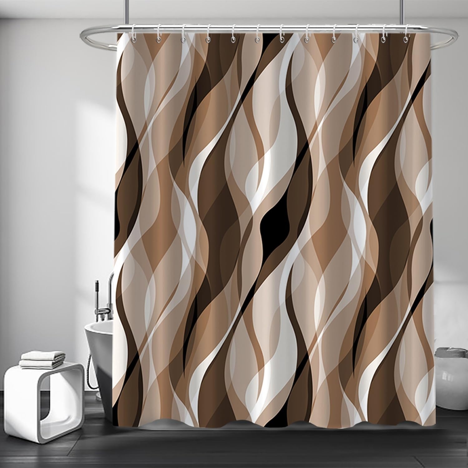 Ruelvth Brown Shower Curtain, Modern Abstract Grey And Brown Striped Shower Curtain Set For Bathroom Waterproof Tan Shower Curta