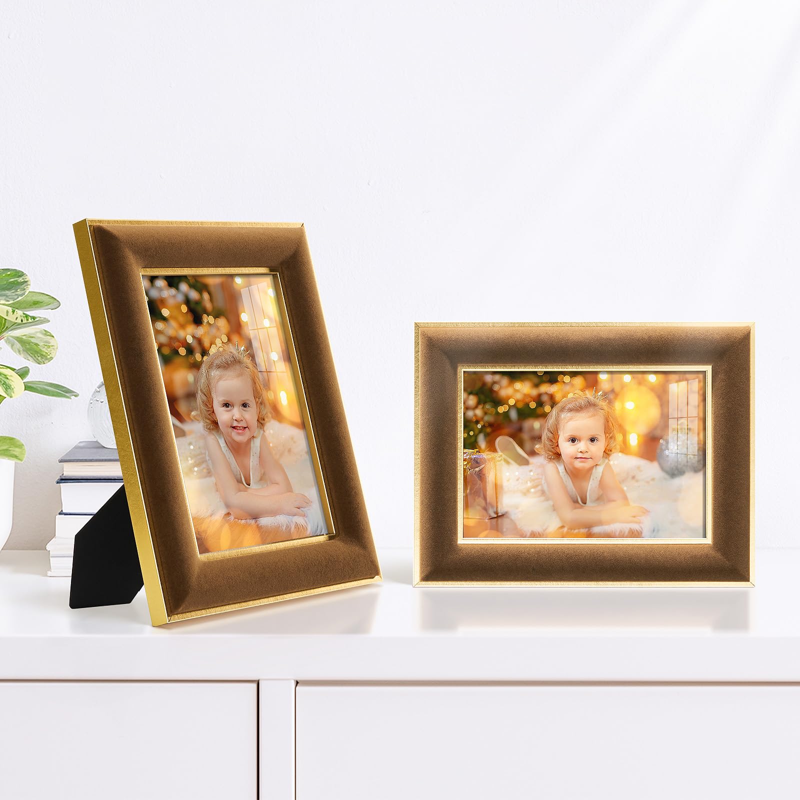 KSROECUD 4x6 Velvet Picture Frame, Brown Photo Frames with Modern Simple Metallic Gold Border, HD Real Glass Horizontal & Vertic