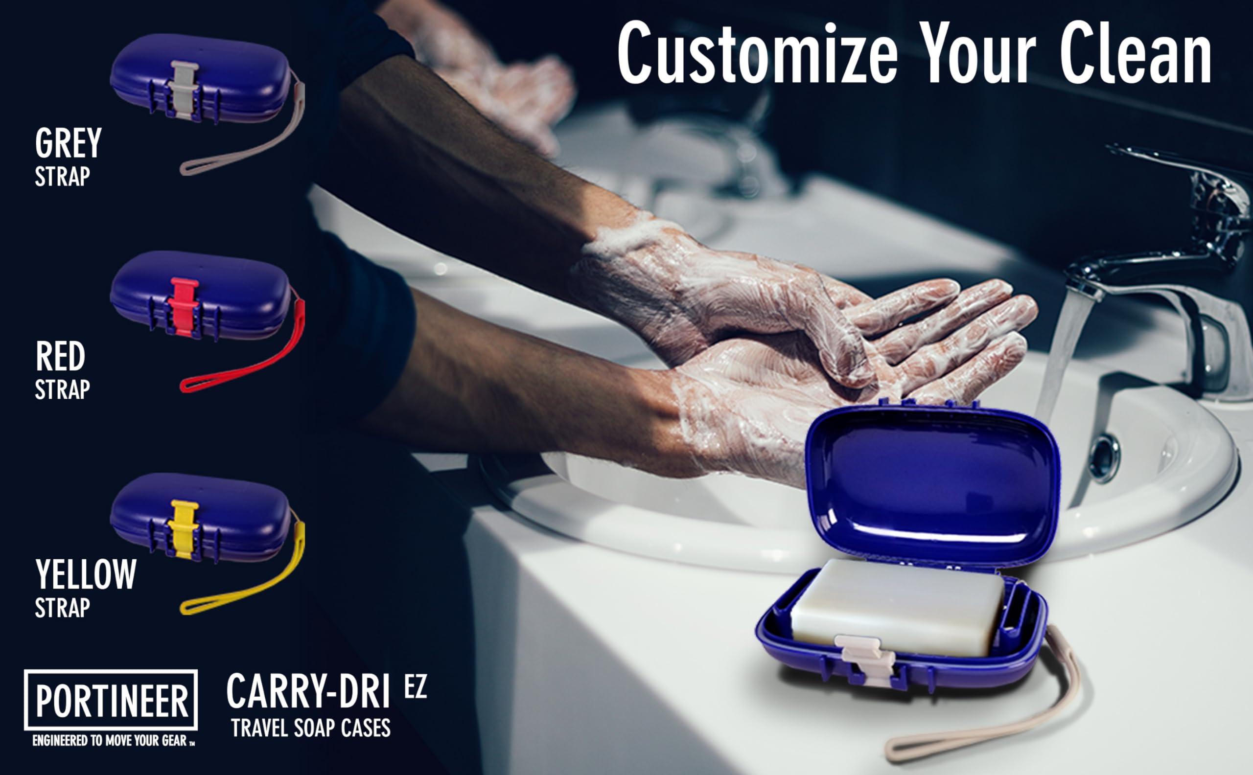Carry-Dri EZ Travel Soap Container by PORTINEER - Soap Bar Case Lets Soap Dry with Lanyard  Silicone Closure  Soap Holder Travel  Leakproof Soap Box with Patented Vents  Travel Soap Dish  Blue-Grey