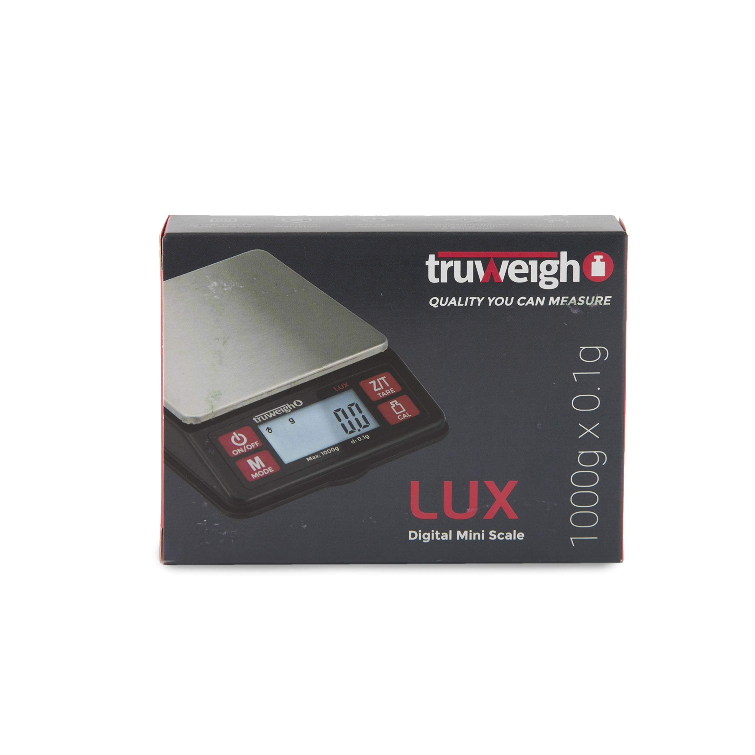 Truweigh Lux Digital Mini Scale (1000G X 0.1G, Black/Red) - Digital Kitchen Scale - Digital Travel Scale - Portable Food Scale -