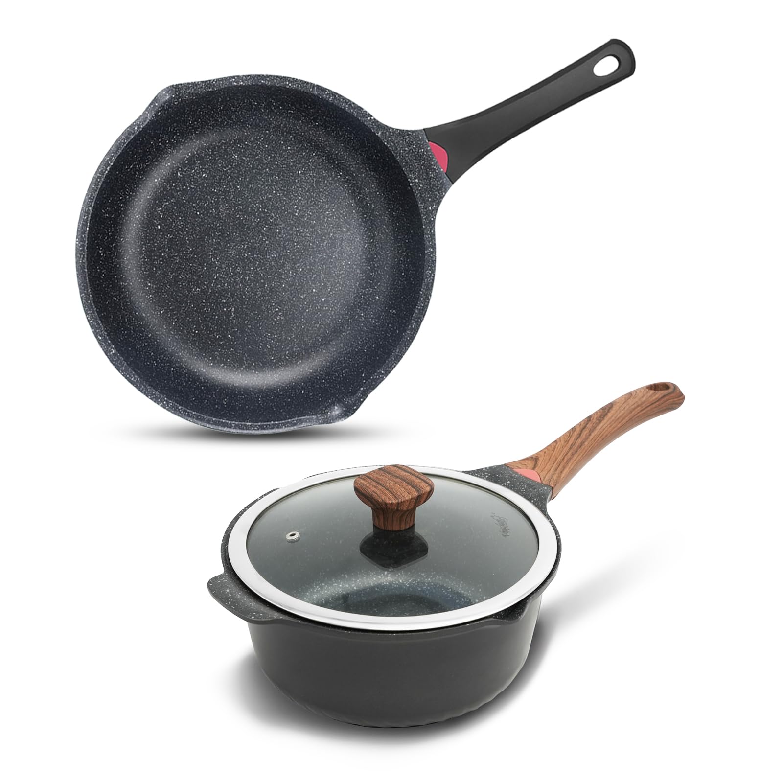 Vinchef 4QT Sauce Pan & 12.5IN Skillet Set with Lids, Nonstick,Black