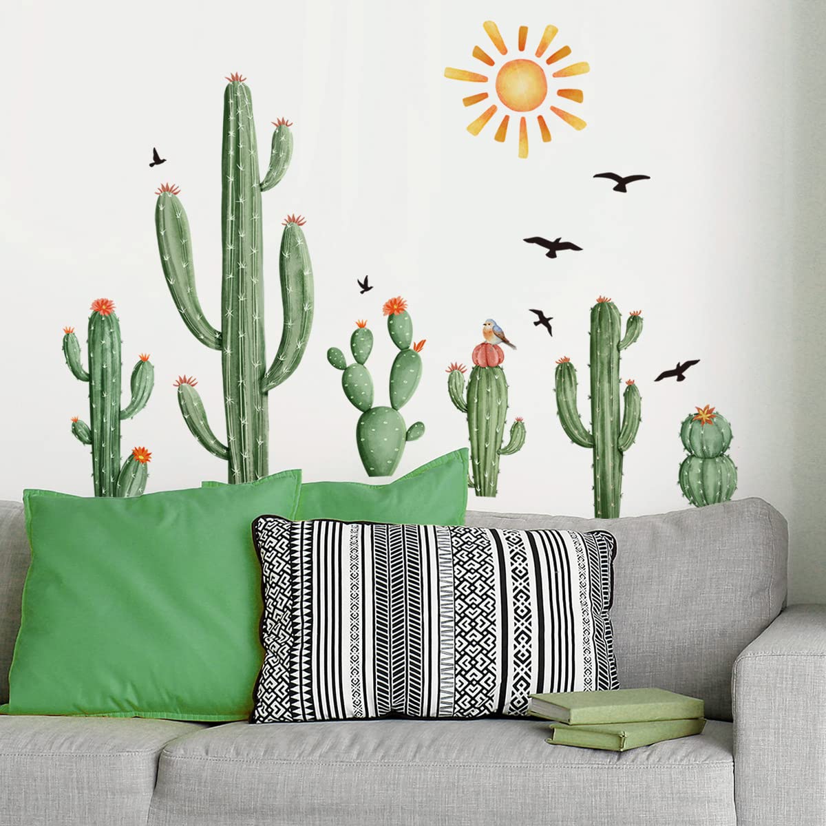Mirabuy Boho Cactus Wall Decals Boho Sun Wall Stickers Tropical Cacti Green Plants With Birds Wall Decals For Living Room, Bedro