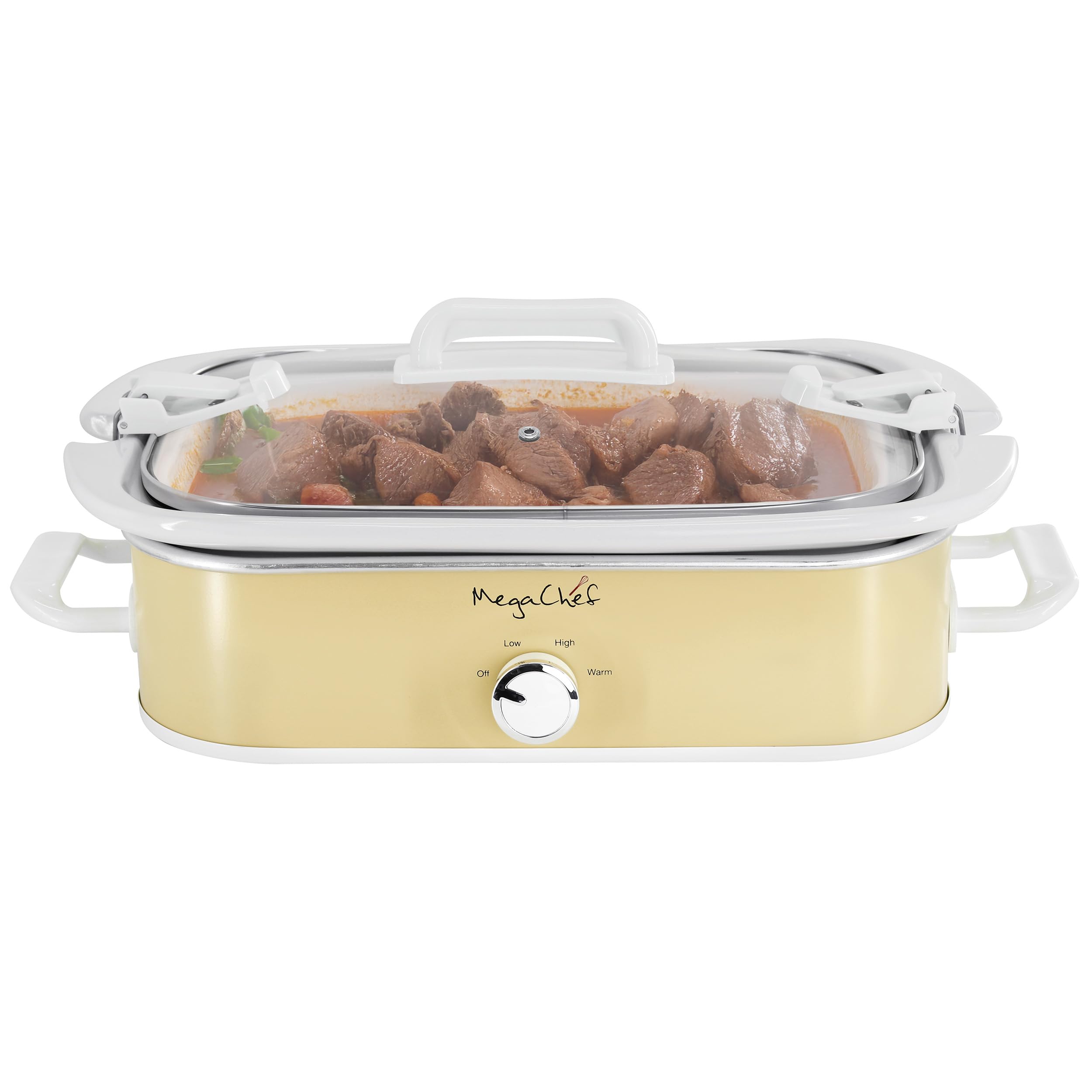 MegaChef 3.5 Quart Rectangle Casserole Slow Cooker with 3 Temperature Settings, Carry Handles and Locking Tempered Glass Lid (Cr
