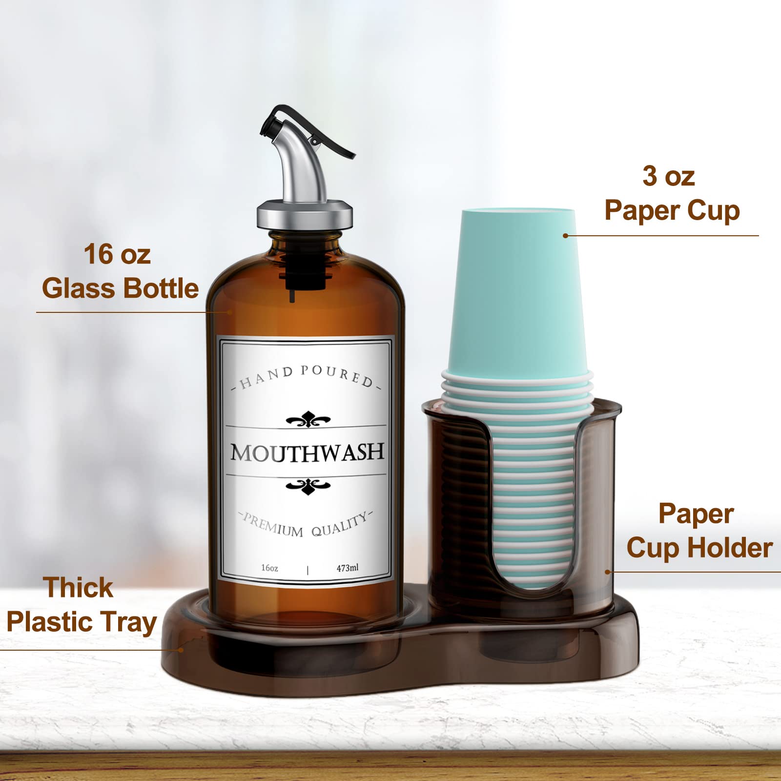 Amber Glass Mouthwash Dispenser With Cup Holder For Bathroom, 16Oz Refillable Mouthwash Bottles Container With Tray, Funnel And