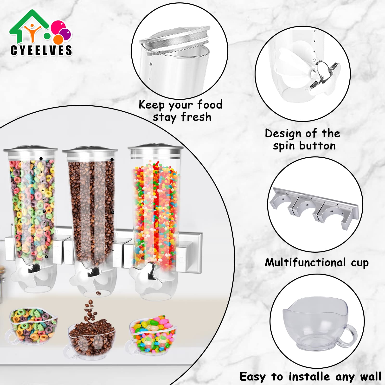 Food Dispenser Wall Mounted Grain Dispenser, Cereal Dispenser With Cup, Dry Food Dispenser Wall Mounted Triple Cereal Dispenser,