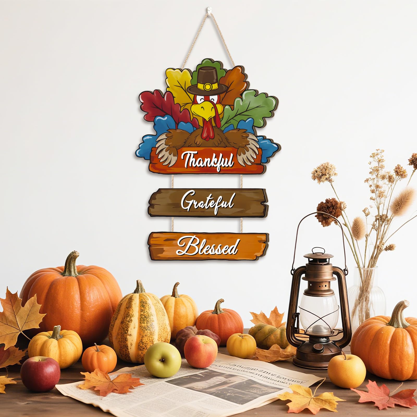 Aryroi Thanksgiving Day Wood Door Hanger,Turcky Wall Sign,Fall Thankful Sign,Autumn Wooden Sign,Grateful for Harvest Wall Plaque