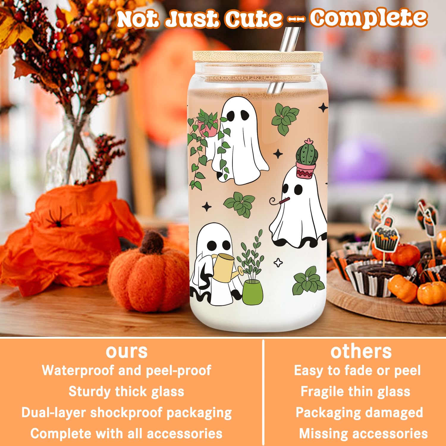 JYPLKCMT Halloween Plant Ghost Cup, Cute Halloween Mug Gifts Basket for Plant Lovers, 16 oz Iced Coffee Tumbler with Lid and Str