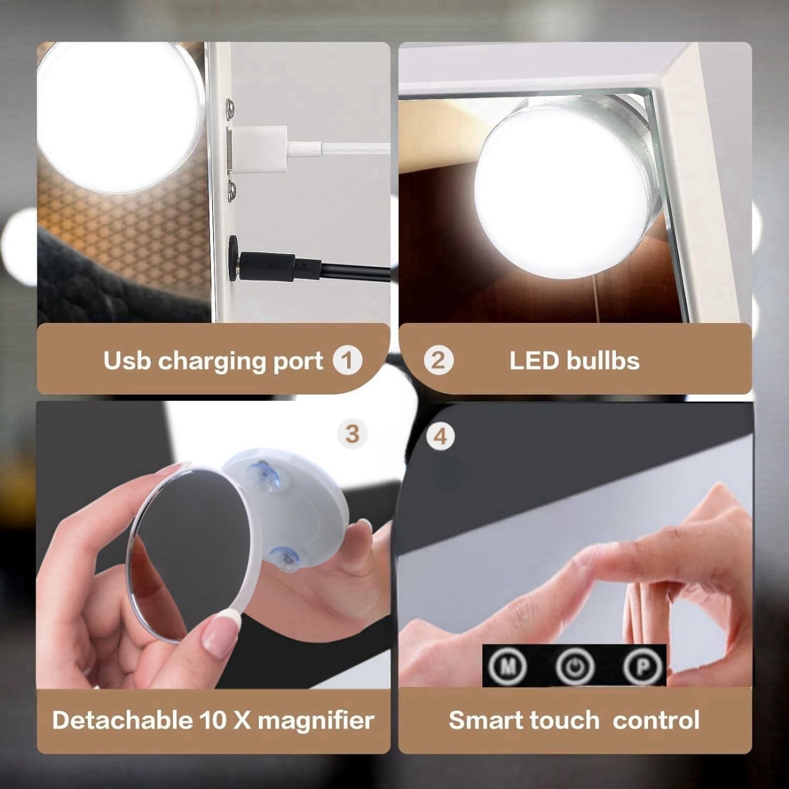 Vanity Mirror With Lights 22.8'' X 18.2'' White Makeup Mirror Hollywood Mirror With 15 Dimmable Led Bulbs 3 Color Modes 10X Magn