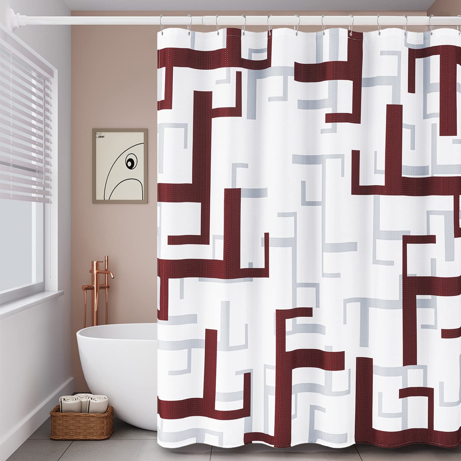 Bttn Burgundy Fabric Shower Curtain, Geometric Cloth Shower Curtain Set With 12 Plastic Hooks, Water Repellent, Machine Washable