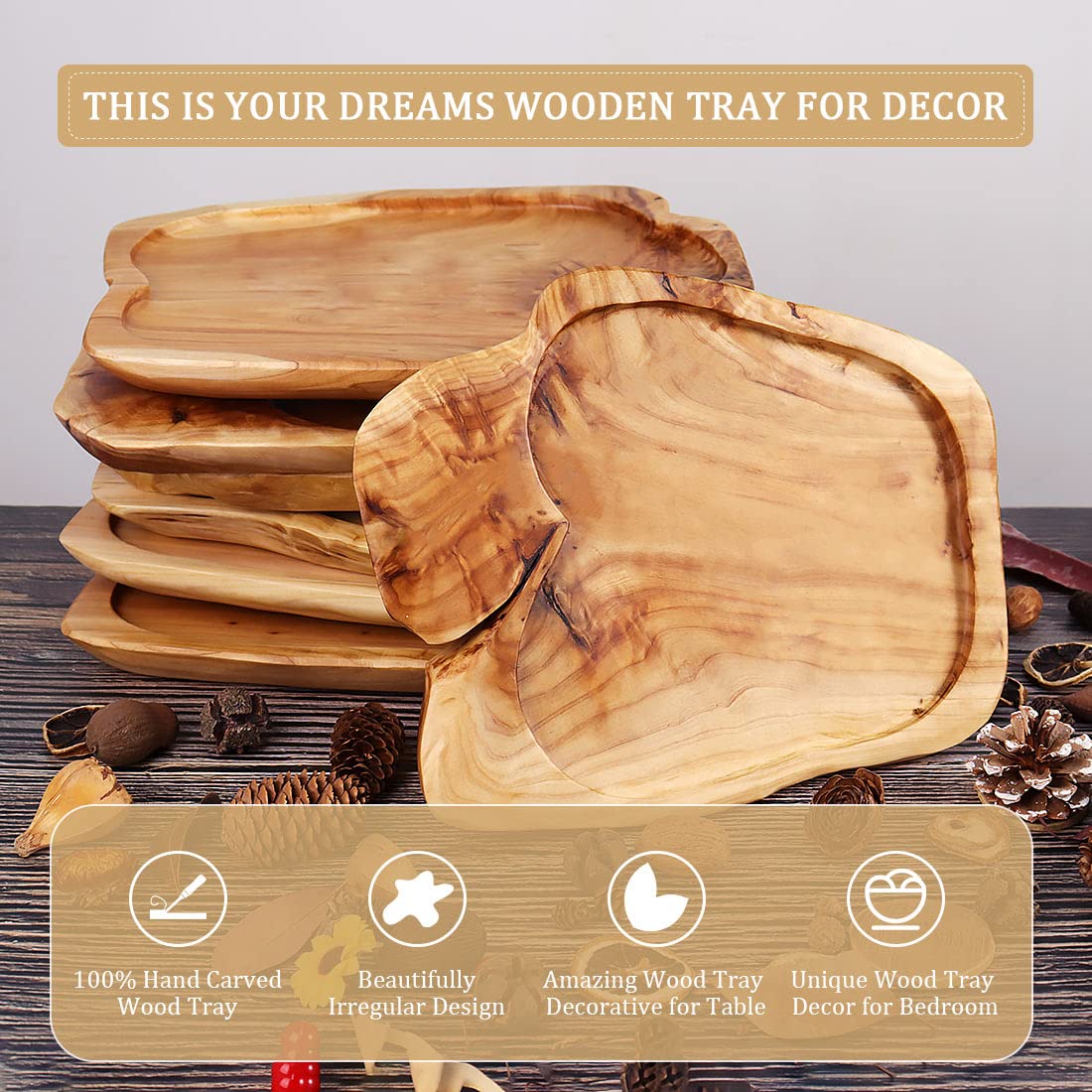 Deziwood Wooden Tray For Decor, Small Wood Serving Tray, Rustic Wood Decorative Tray, Farmhouse Candle Holder Decorative Tray Fo