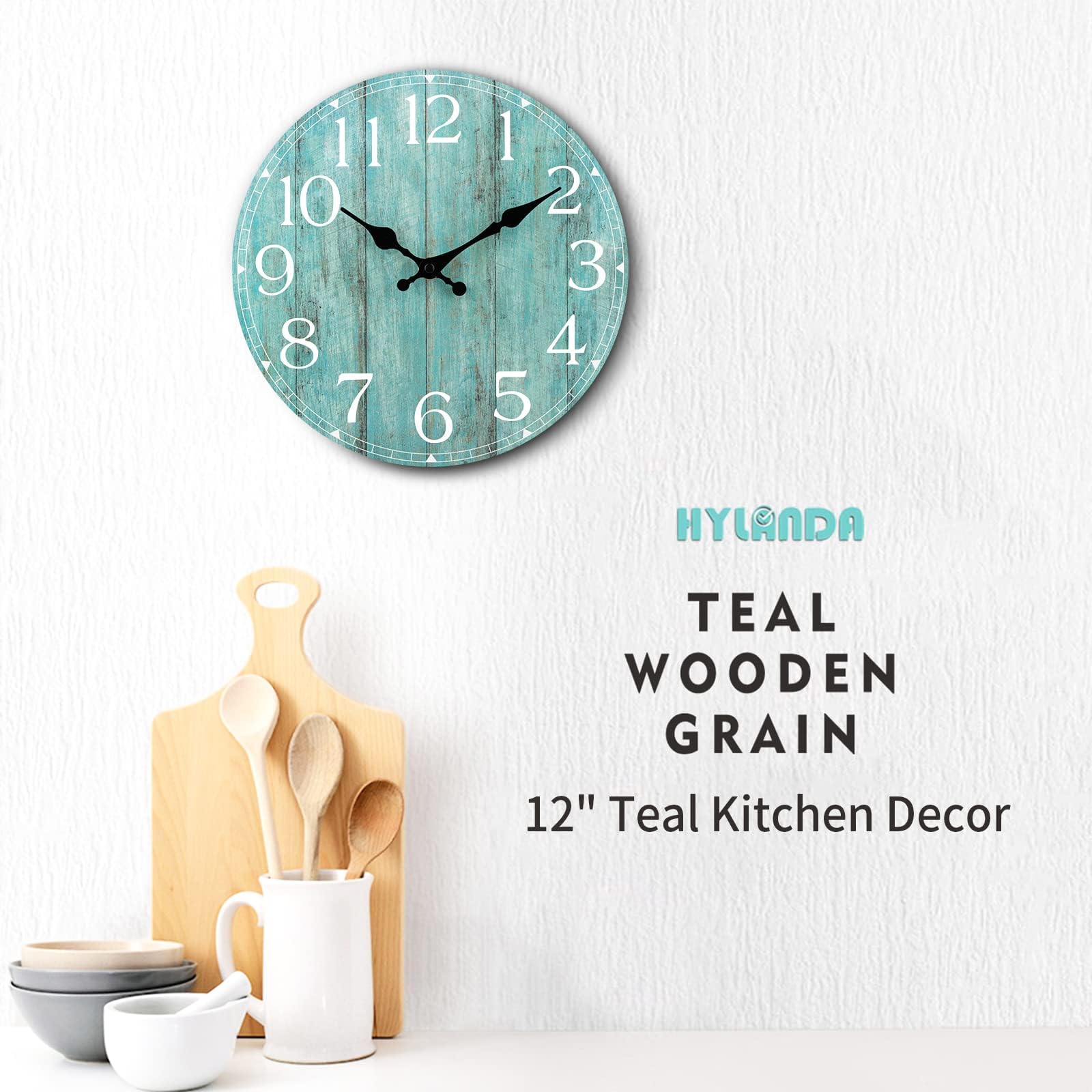 Hylanda 12 Inch Wall Clock - Teal Kitchen Accessories And Decor - Green Wall Clocks Battery Operated Silent Non-Ticking - Turquo