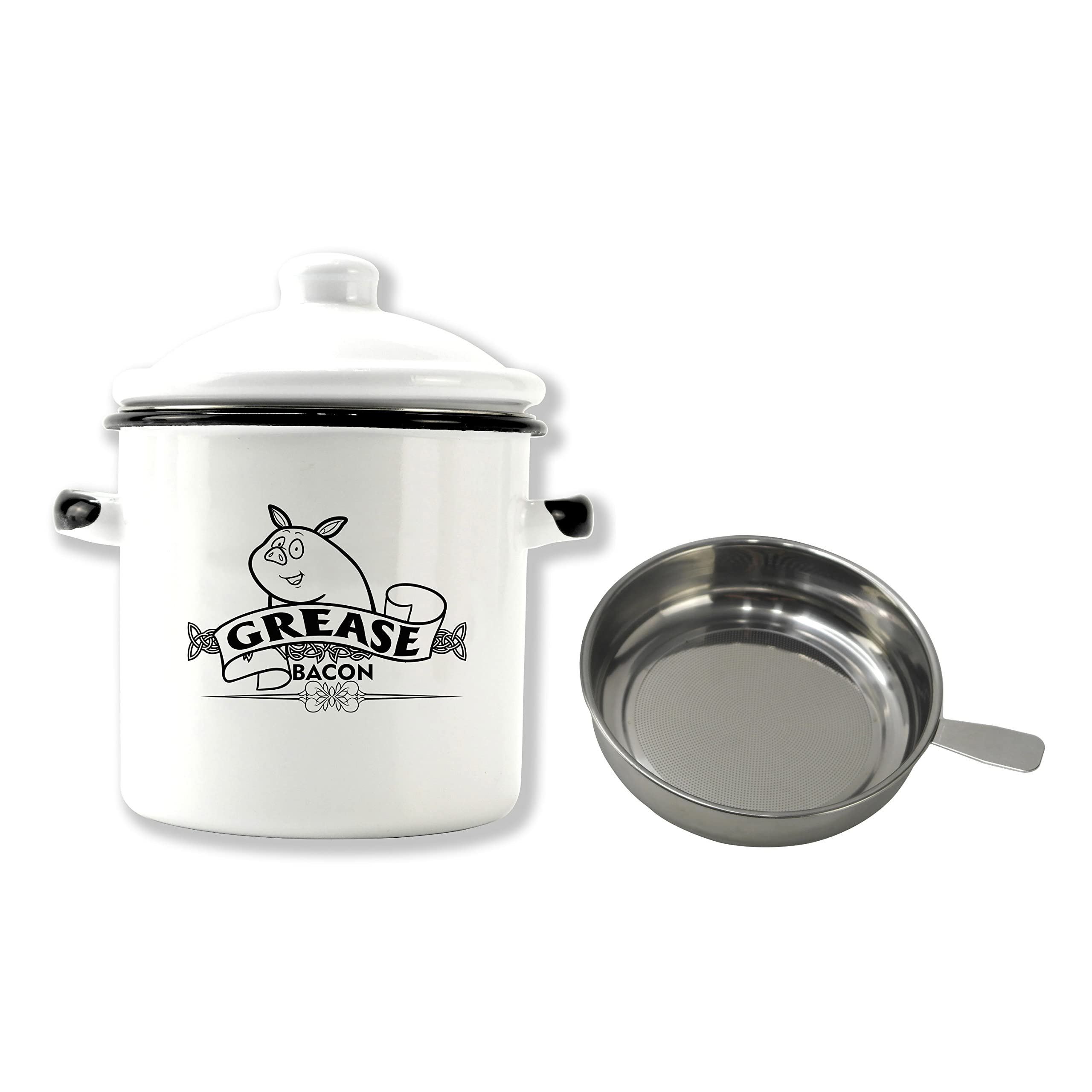 Roadmap 1.5L White Enamel Bacon Grease Container With Strainer, Grease Canister With Cute Pig Pattern, Bacon Grease Saver, Oil S