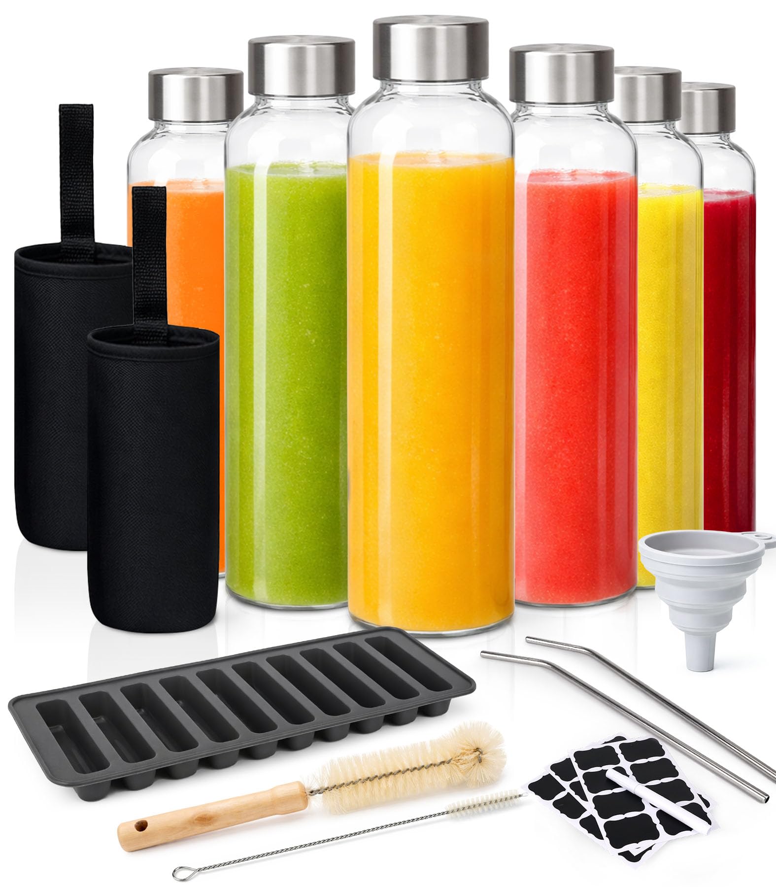 Yeendibo AllinOne 16Piece Glass Bottle Set with 6  18 oz Water Bottles, Lids & Accessories, Reusable, LeakResistant & Dish