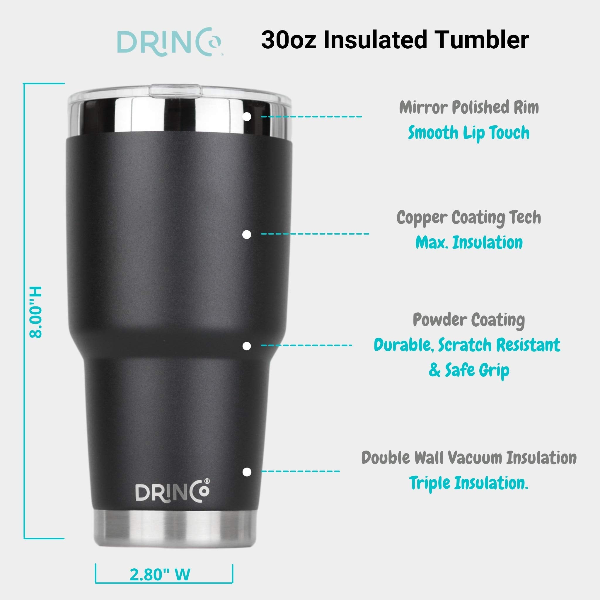 Drinco - 30 oz Stainless Steel Tumbler  Double Walled Vacuum Insulated Mug With Lid  2 Straws  For Hot & Cold Drinks (30oz  30oz Black)  1 Count (Pack of 1)