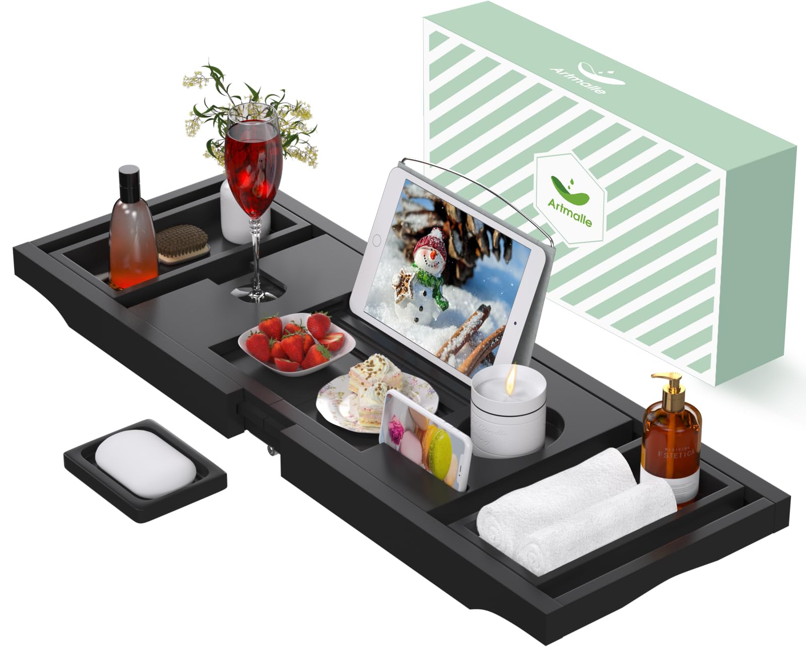 Artmalle Bathtub Caddy Tray - Expandable And Foldable Bath Tray For Tub, Luxury Bamboo Bath Caddy Tub Table, Bathtub Accessories