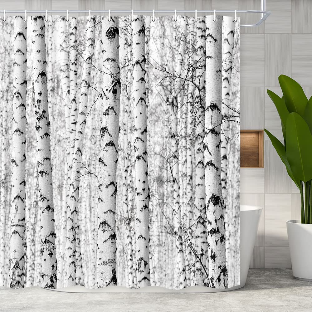 Wathon Birch Trees Shower Curtain, Grey Polyester, 72"x72", Rustic Winter Forest Design, Includes Hooks, Bathroom Decor