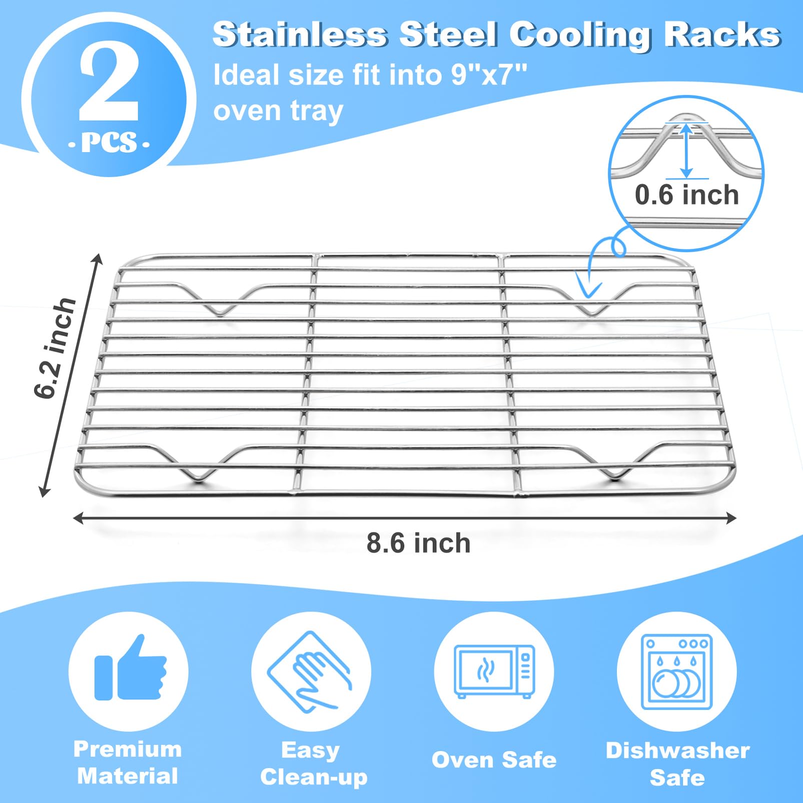 P&P Chef Baking Rack Pack Of 2, Stainless Cooling Rack For Cooking Baking Roasting Grilling Drying, Rectangle 8.6'' X 6.2'' X0.6