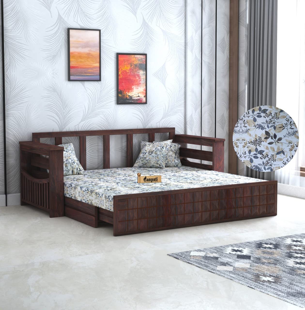 Ganpati Arts Solid Sheesham Wood Diamond 3 Seater Sofa Cum Bed With Floral Fabric Wooden Three Seater Sofa Bed For Home Living R