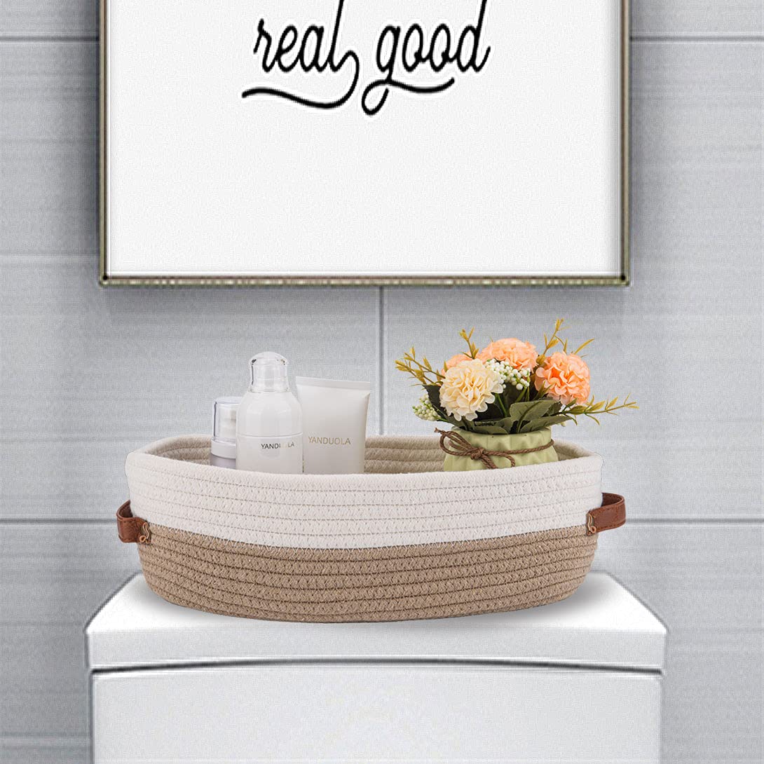 Oradrem Cotton Rope Bathroom Decor Basket Toilet Paper Holder Basket Farmhouse Home Decor Organizing Baskets 13 ''x5.9 ''x4 '' Brown Stitching White