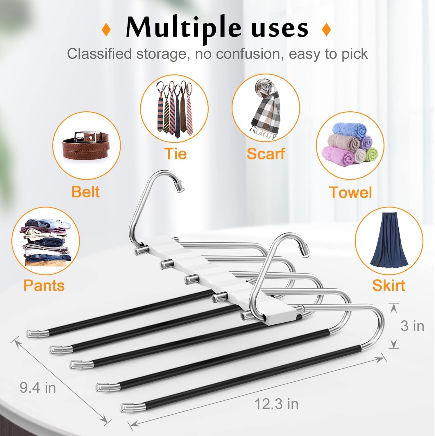 Loretoy 3 Pack Pants Hangers Space Saving, Anti-Slip Multi-Functional Pants Rack, Thickened Stainless Steel Tube, Two Hanging Mo