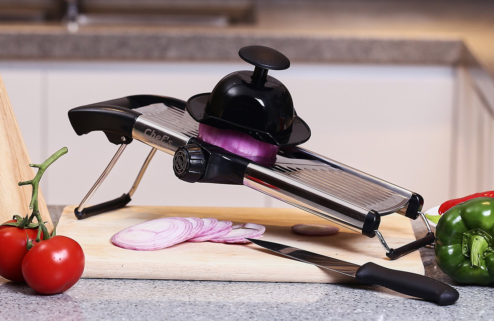 Adjustable Mandoline Slicer by chefs INSPIRATIONS Best For Slicing Food  Fruit and Vegetables Professional grade Julienne Slicer With cut Proof gloves and cleaning Brush Stainless Steel