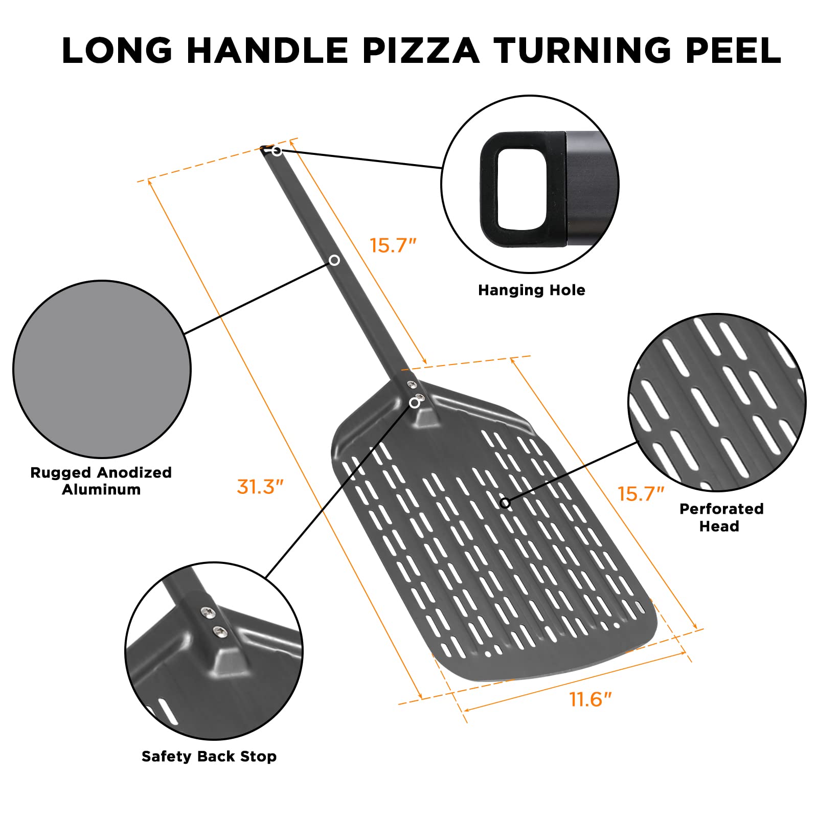 12'' Perforated Pizza Peel Anodised Aluminium Pizza Turner Removable Long Handle Lightweight Pizza Spinner Professional Pizza Ov