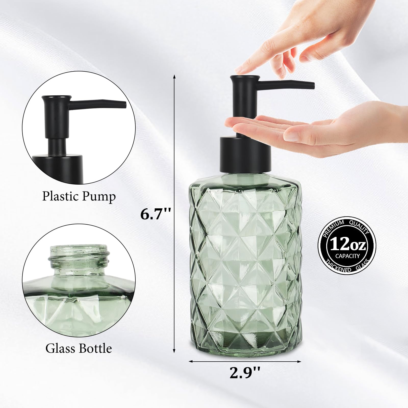 Clear Green Glass Soap Dispenser With Pump, 12Oz Diamond Design Hand Soap Dispenser, Refillable Lotion Dispenser & Dish Soap Dis