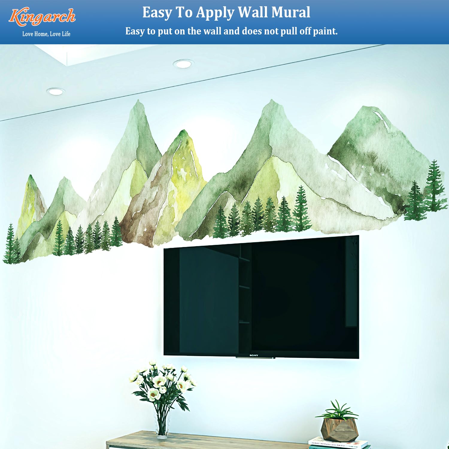 Kingarch Large Mountain Wall Decals, Green Pine Tree Peel And Stick Vinyl Wall Stickers & Murals, Removable Home Room Wall Decor