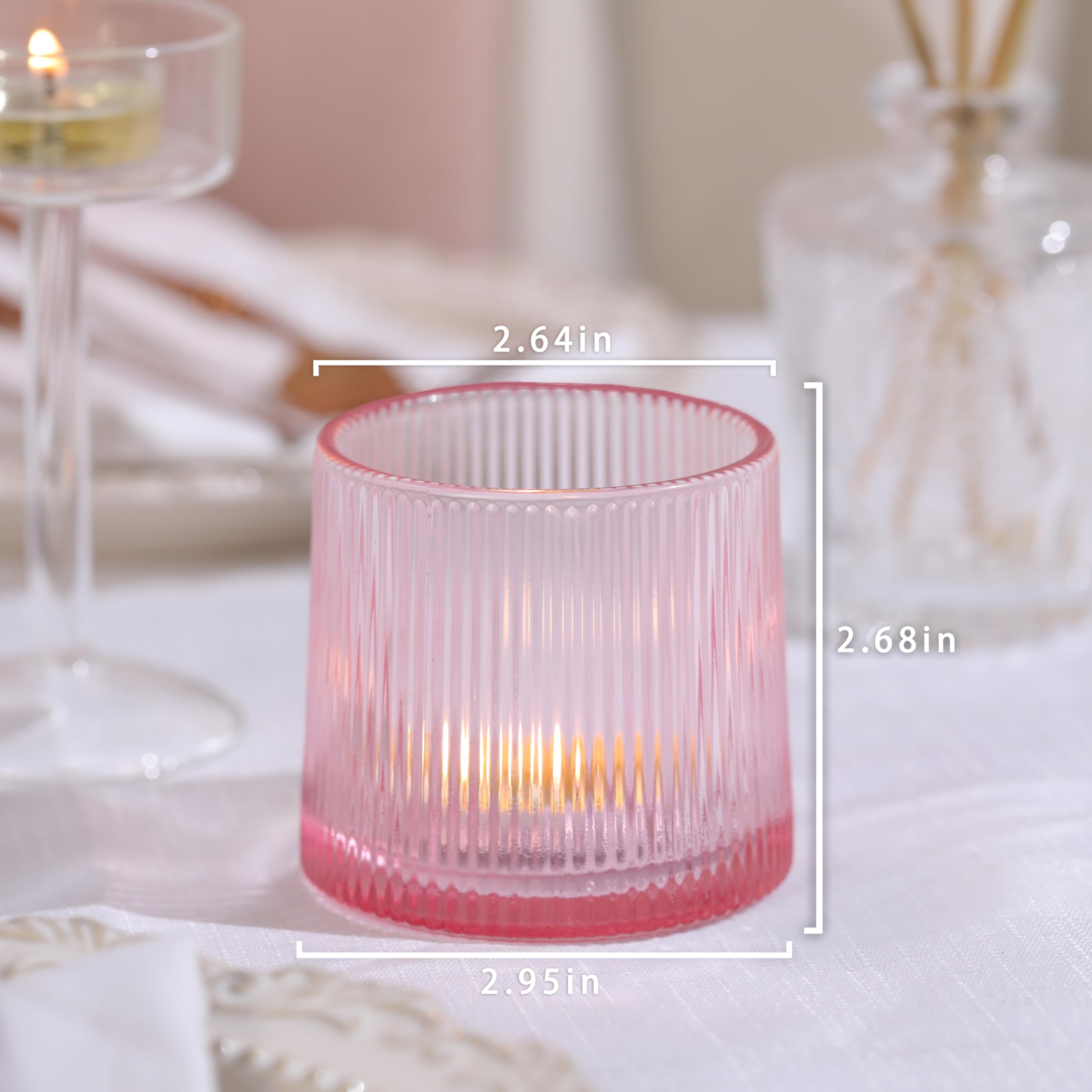 Pink Ribbed Tealight Votive Candle Holders Set of 10- Votive Candle Holders for Table Centerpiece, Tea Light Candle Holder Glass