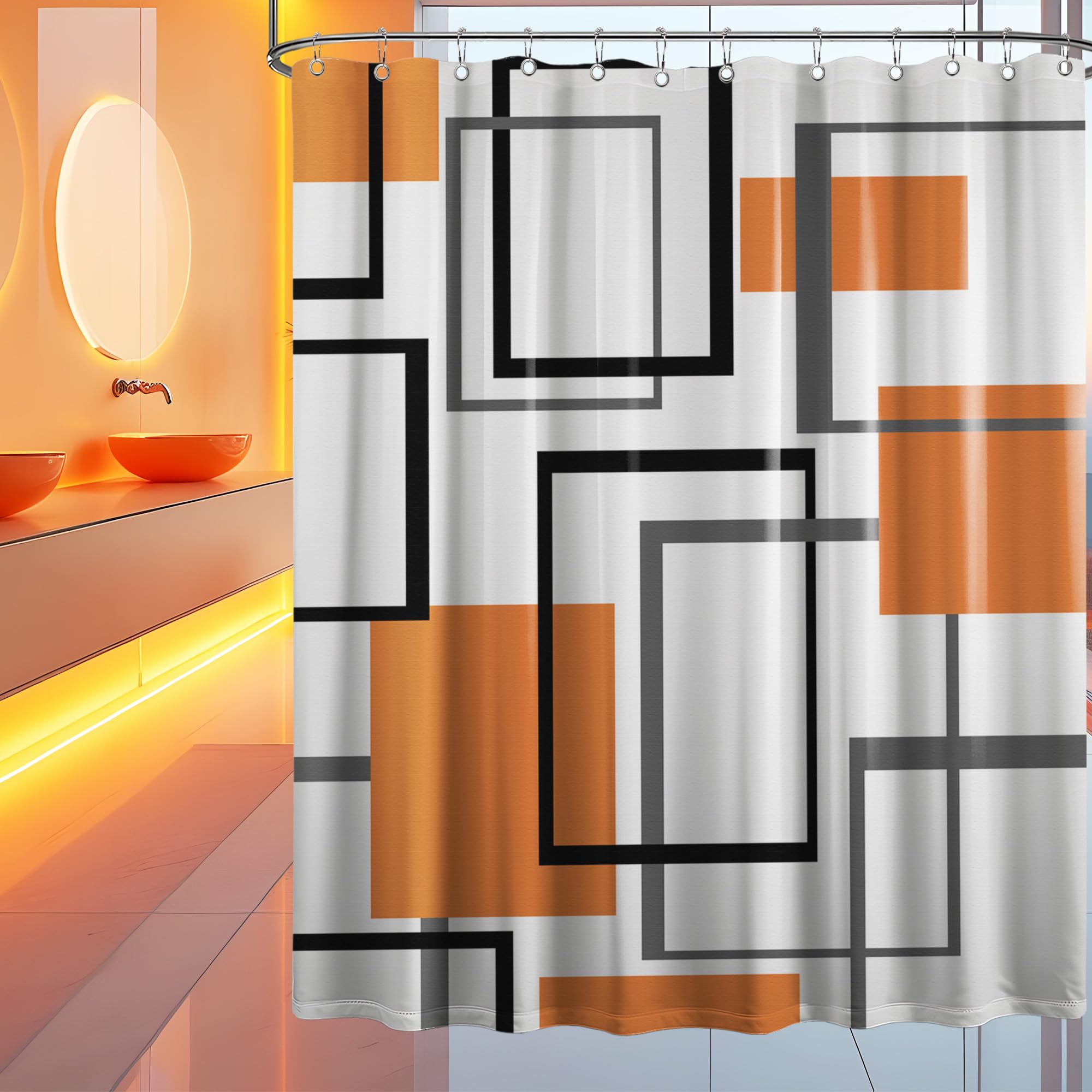 Yieldeer Orange And White Shower Curtain Geometric Black And Orange Shower Curtains For Mens Bathroom Decor Bath Curtain Set, Wa