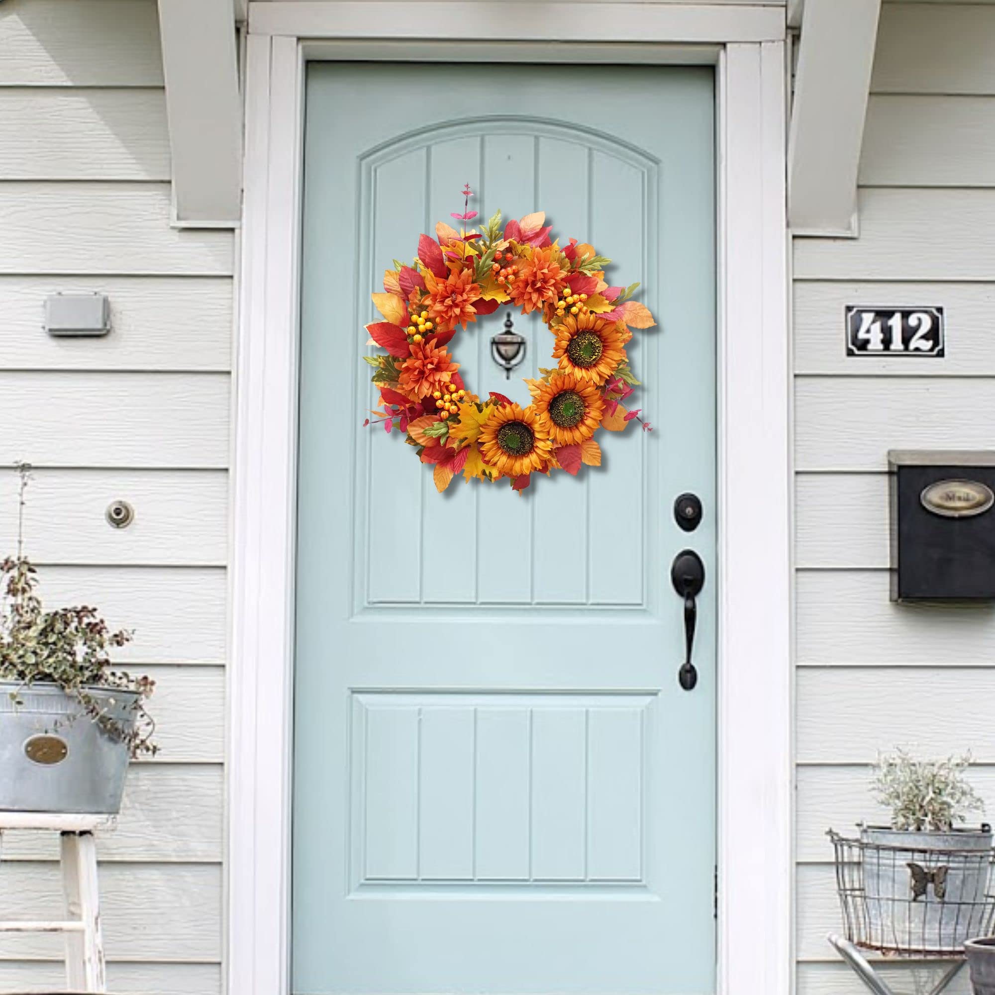 TOKCARE Fall Wreaths for Front Door,20 Inch Sunflower Wreath Fall Decorations for Home Decor Autumn Thanksgiving Halloween Indoo