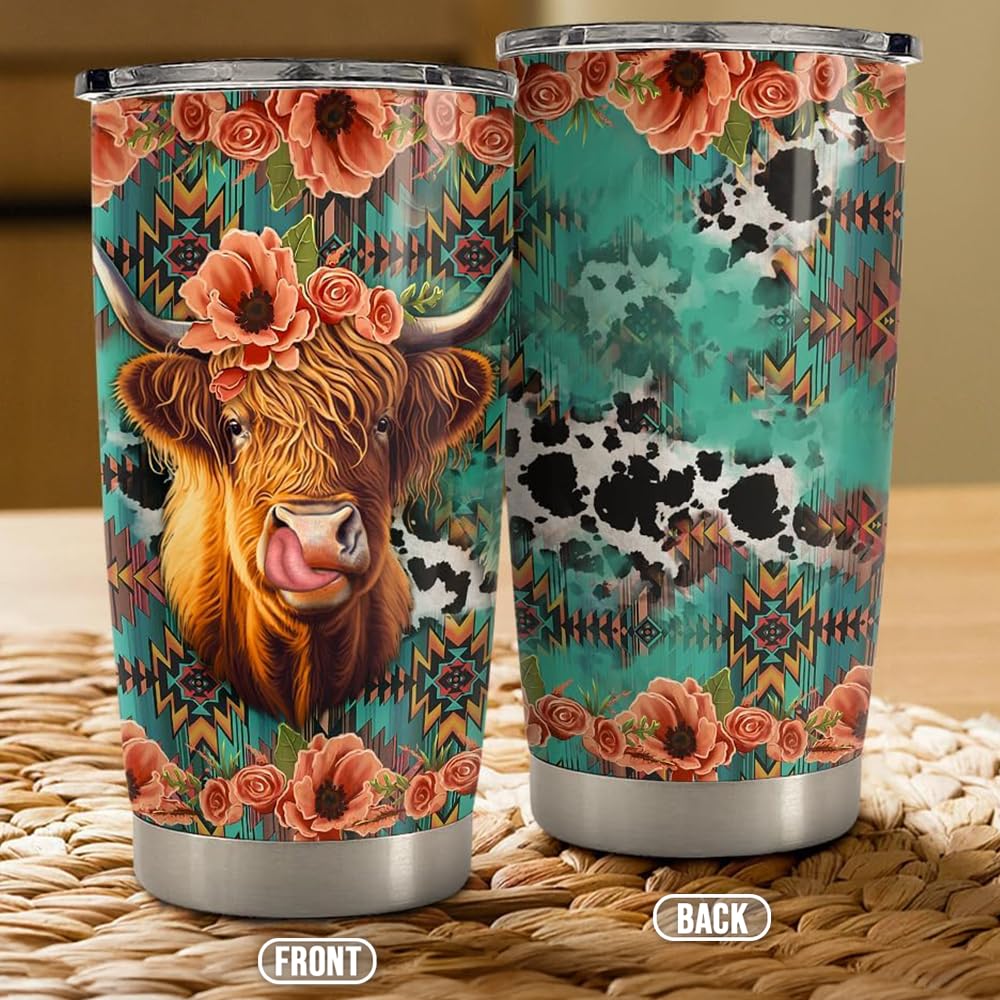 Highland Cow Tumbler 20oz Stainless Steel Insulated Coffee Travel Mug Cup for Women Girls Cows Lovers Cow Gifts for Birthday Chr