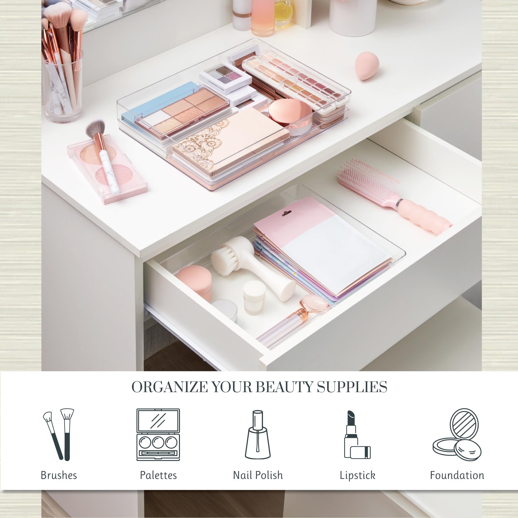 STORi SimpleSort 2-Piece Stackable Clear Drawer Organizer Set | 15 '' x 6 '' x 2 '' Rectangle Trays | Wide Makeup Vanity Storage