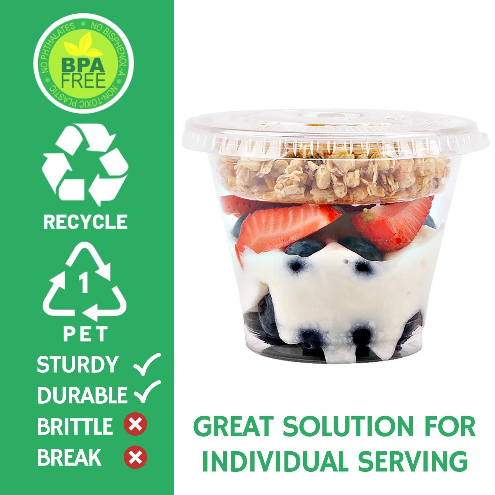 9 Oz Clear Plastic Parfait Cups With Insert 3.25Oz & Flat Lids No Hole - (50 Sets) Yogurt Fruit Parfait Cups For Kids, For Dips