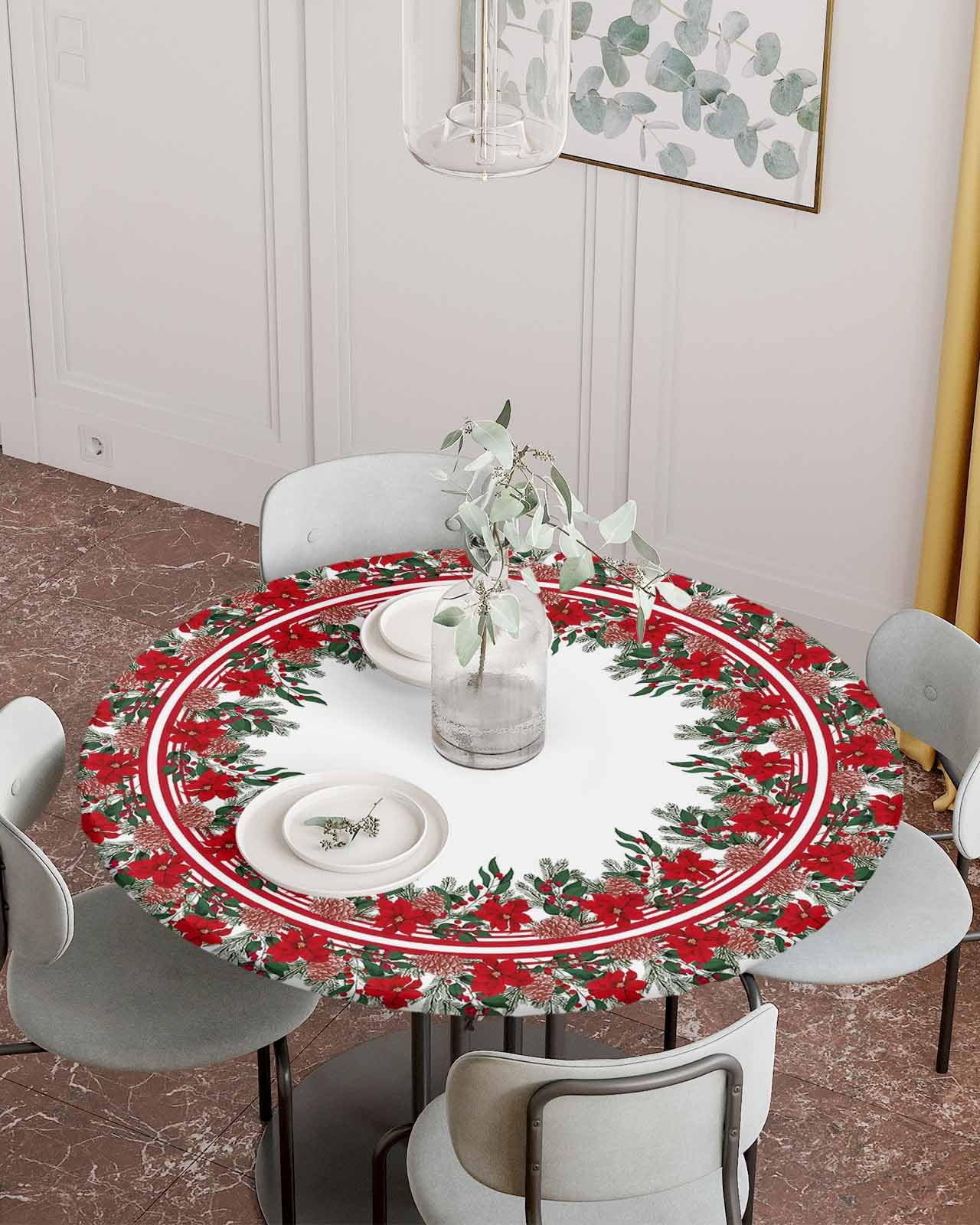Christmas Day Round Fitted Table Cover For Dining Tables,Elastic Edged Tablecloth Red Poinsettia Flower Berries Wreath Waterproo