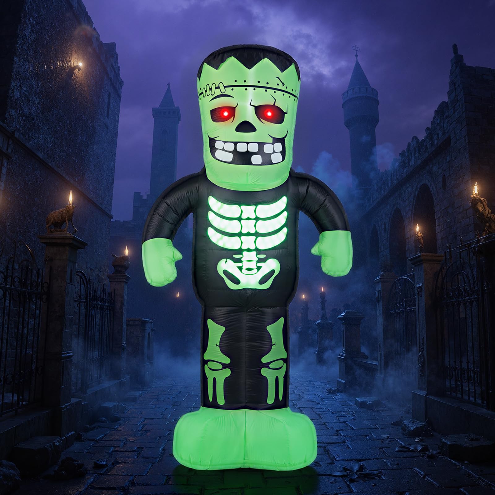 Tangkula 8.4 Ft Halloween Inflatable Frankenstein Skeleton, Light Up Outdoor Yard Decoration with LED Lights, Scary Blow Up Mons