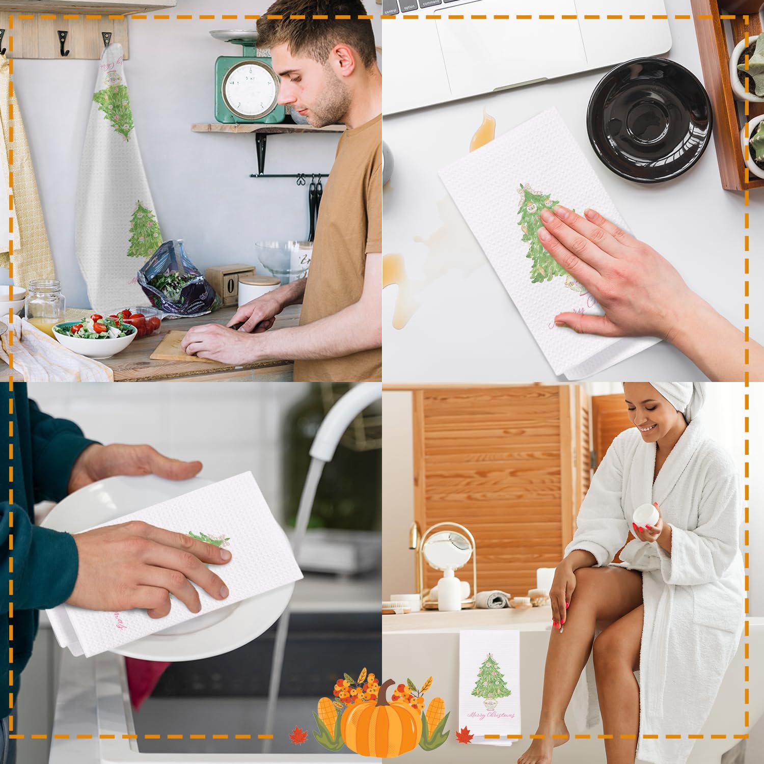 Spbl&L Chinoiserie Christmas Kitchen Towels, Light Green Christmas Tree Dish Towels For Kitchen Bathroom, Merry Christmas Hand T
