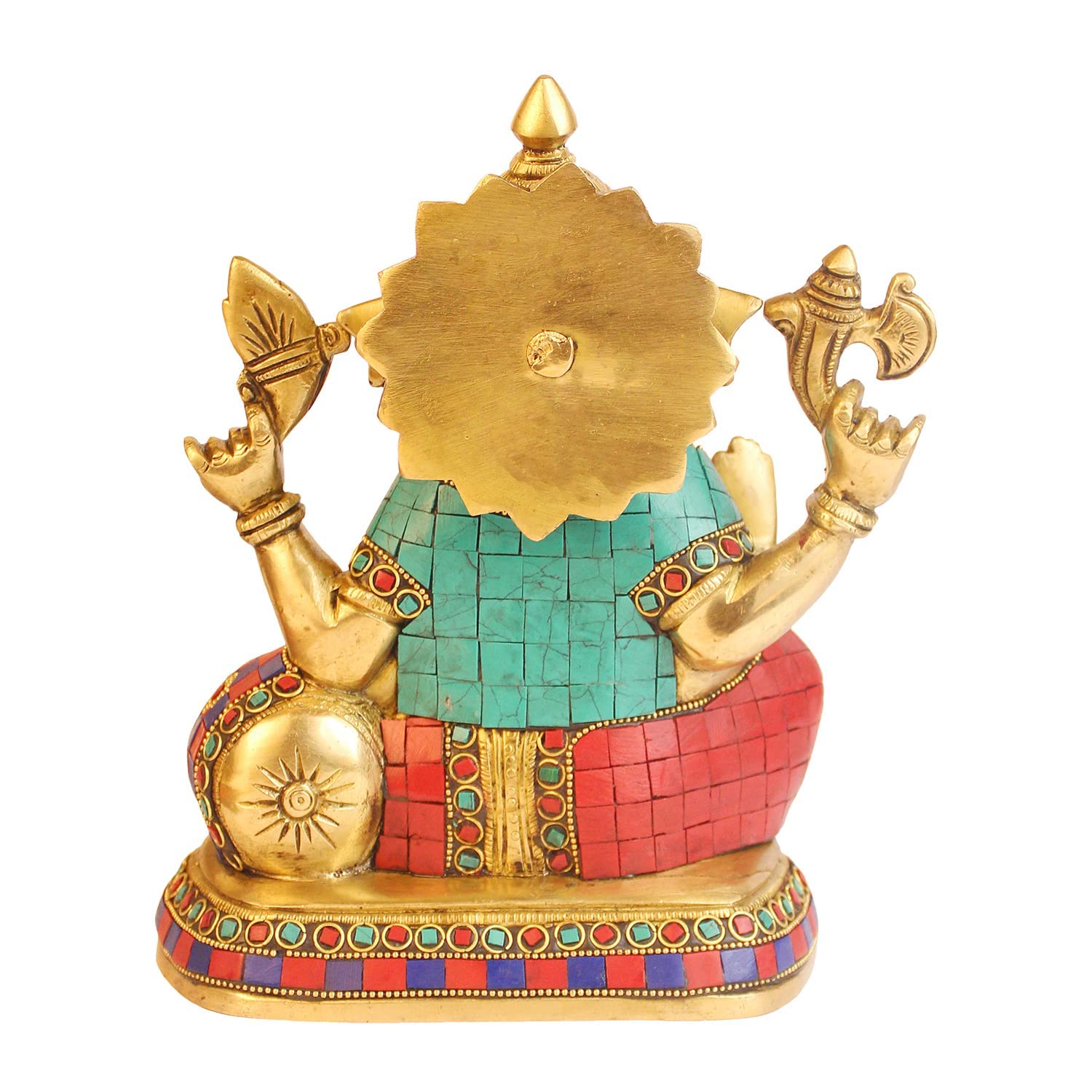 Kartique Brass Ganesh Bhagwan Idol Ganesha Statue Ganpati Murti On Round Base In Blessing Posture With Multicolor Stone Work