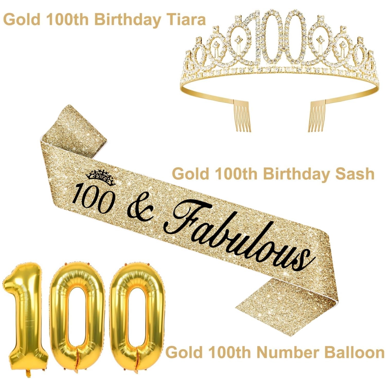100Th Birthday Decorations Women Gold Include 100Th Birthday Crown And Sash, Gold 100Th Birthday Candles And Cake Topper, Big Go