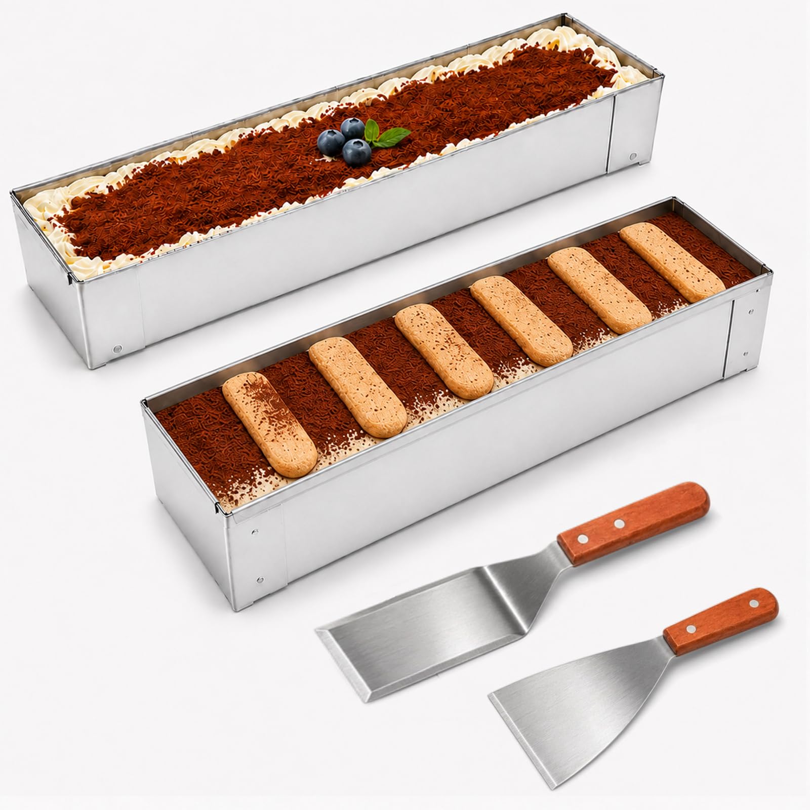 MLLNFUE 2 Pack Tiramisu Pan, Nonstick Tiramisu Mold with Removable Frame, Stainless Steel Tiramisu Container with 2 Metal Spatul